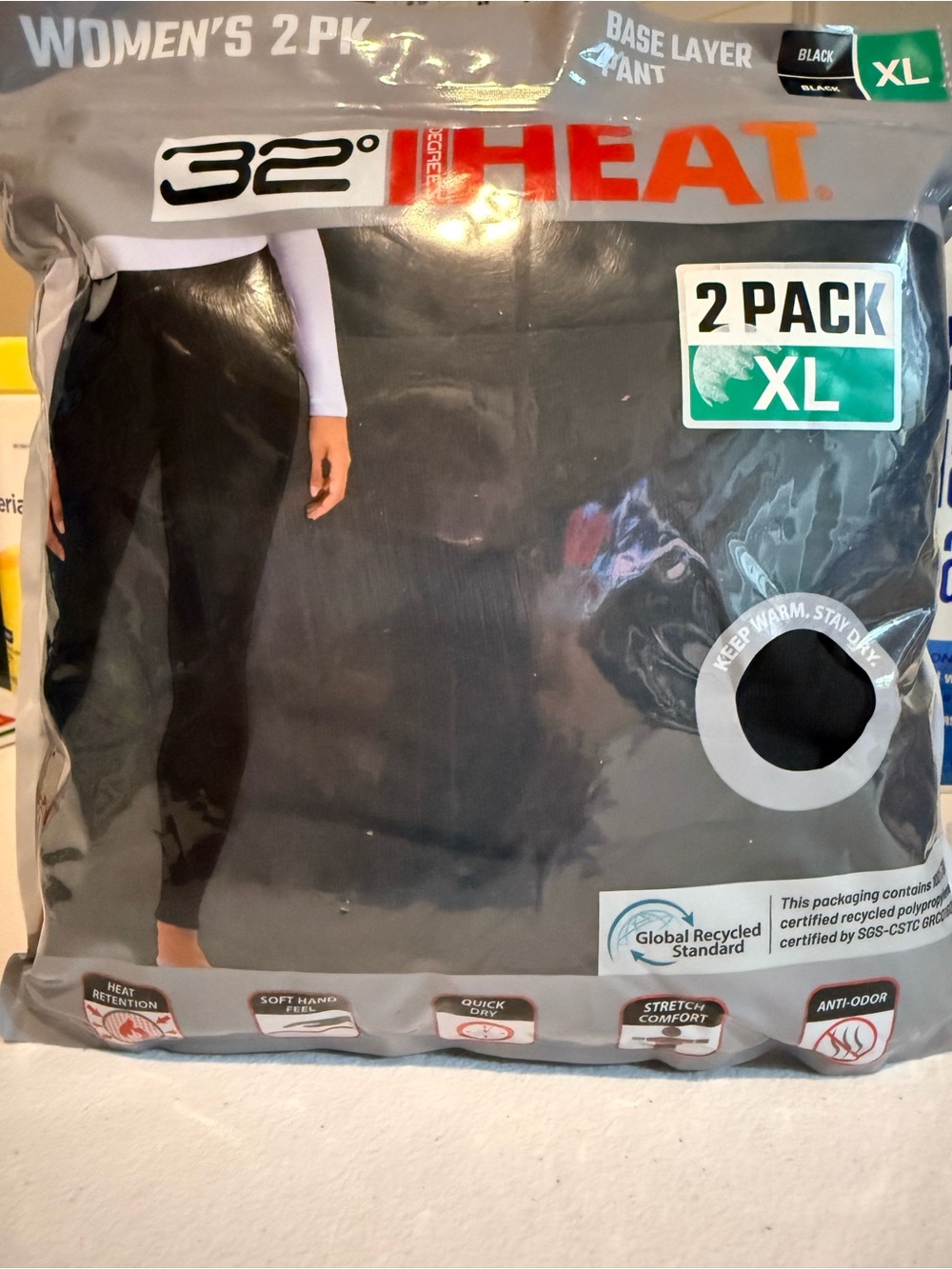 32 Degrees Black Women's Base Layer pants – 2 Pack (XL)
